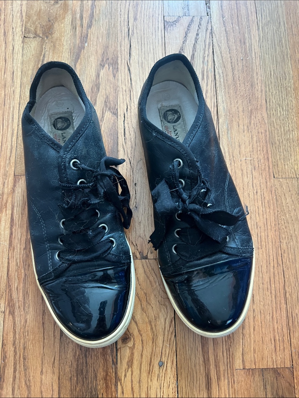 Lanvin Black Low-Profile Lace-Up Sneakers with Gloss Toe